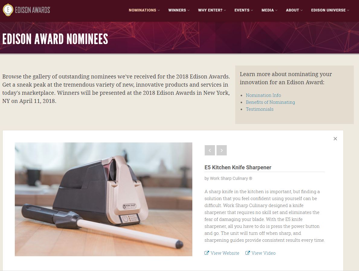 Work Sharp Culinary E5 Kitchen Knife Sharpener Nominated for 2018 Edison Award!